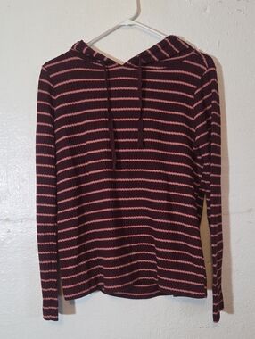 LOFT Striped Crewneck Hooded Sweater - Pink & Plum Size Small Long Sleeve